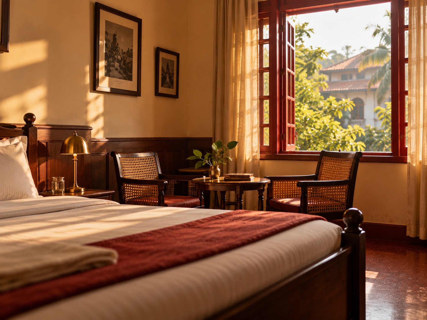 Guest room with a wooden bed, cane chairs and a window onto the garden